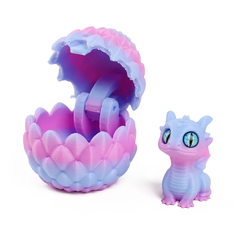 A pink and blue dragon egg surprise figurine with an open shell, showing a small purple dragon figure inside.