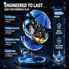 A blue magic deformation flying saucer ball toy is shown with various features and a drop test certification.