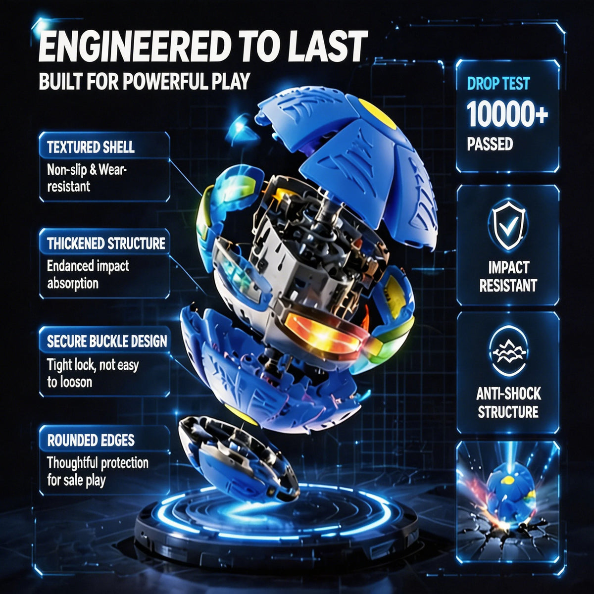 A blue magic deformation flying saucer ball toy is shown with various features and a drop test certification.