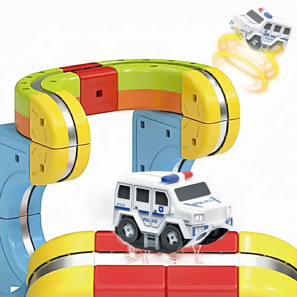 A colorful magnetic train engine made of interlocking plastic pieces with yellow, green, red, and blue colors.