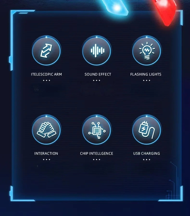 A dark panel displays icons for features like telescoping arm, sound effect, flashing lights, interaction, chip intelligence,