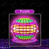 A vibrant purple sphere with concentric green and orange rings is shown floating above a glowing purple grid.