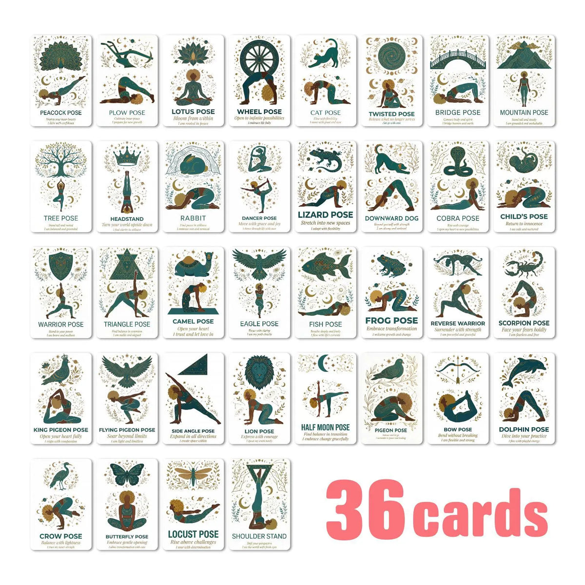 A deck of 36 yoga pose affirmation cards featuring various poses like Peacock Pose, Lotus Pose, and Bridge Pose.