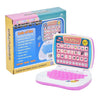 A box and a pink learning laptop toy for children with colorful buttons and letters.