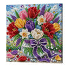 A vibrant floral arrangement painted with various colored pearls inside a glass jar on a wooden frame.