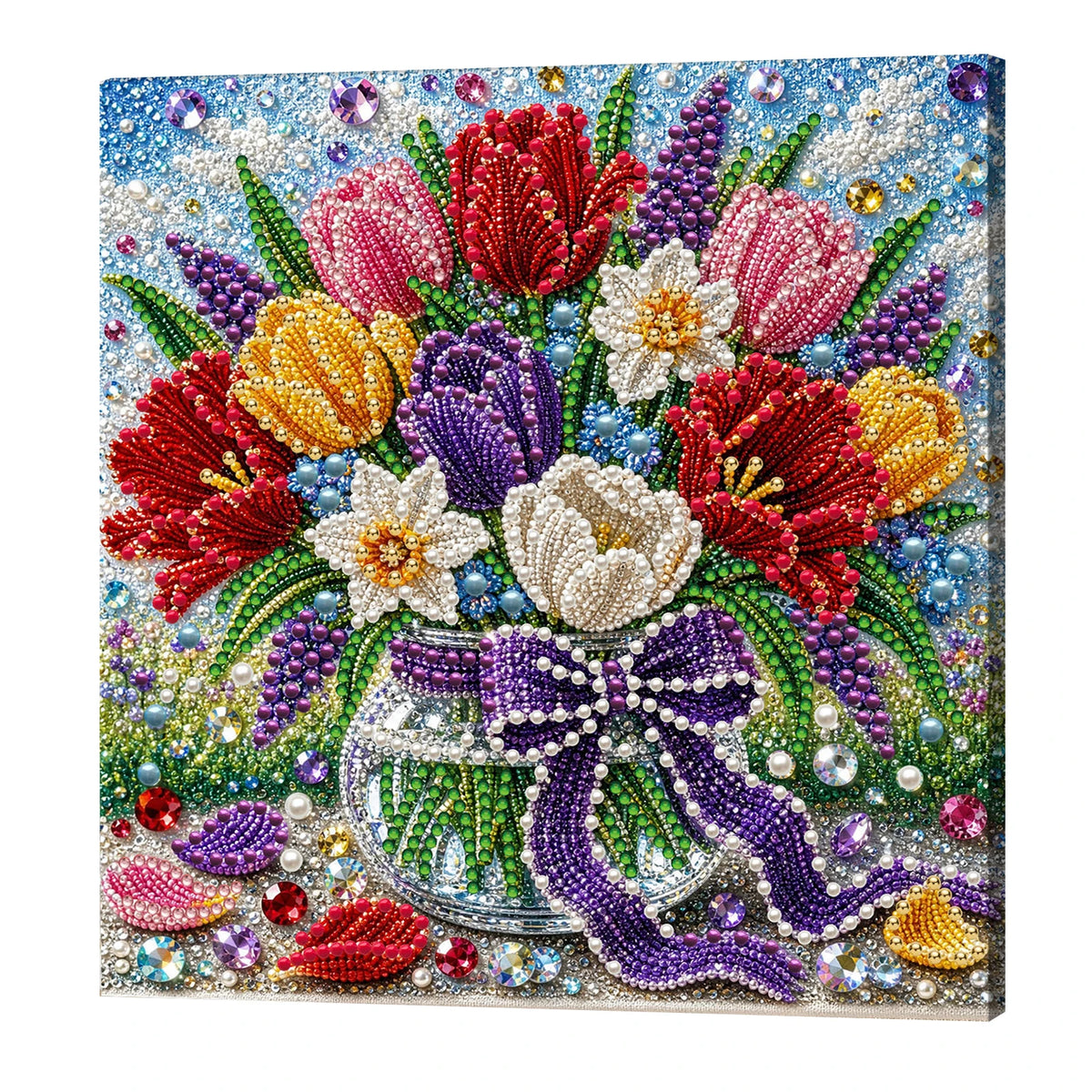 A vibrant floral arrangement painted with various colored pearls inside a glass jar on a wooden frame.