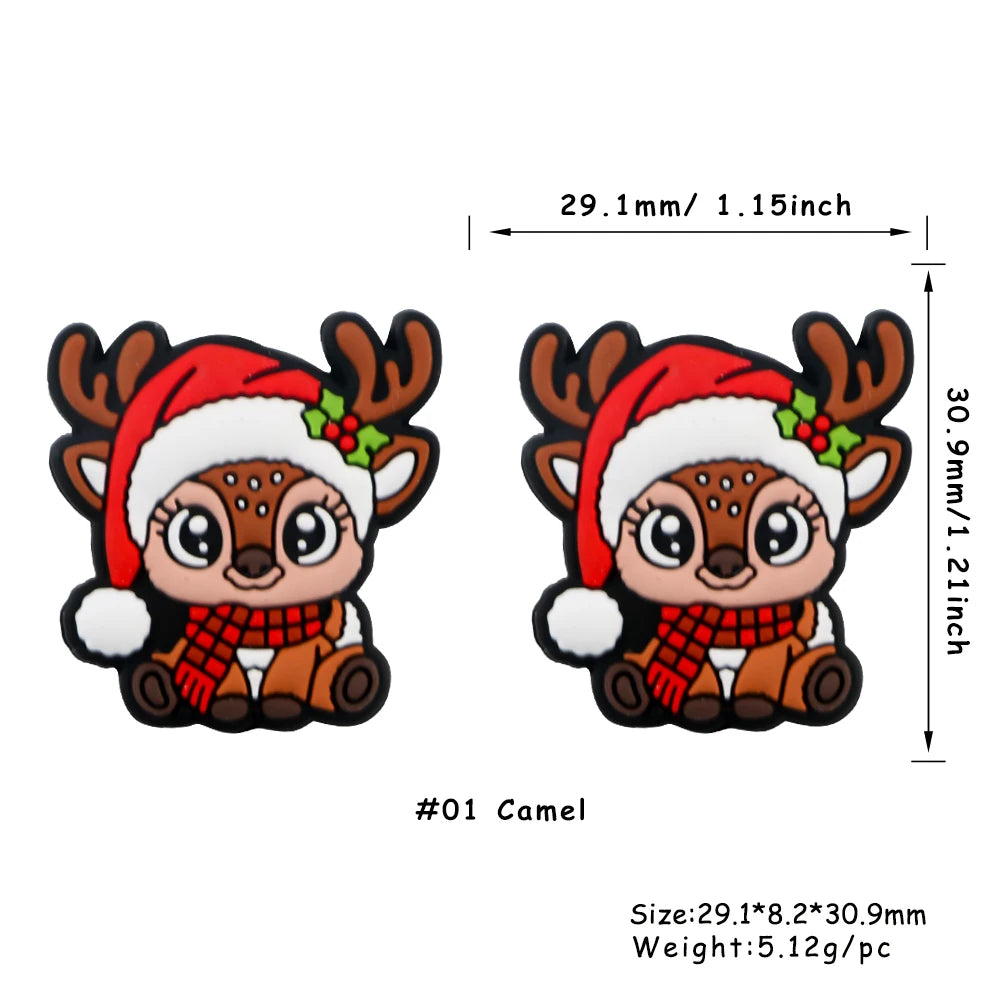 A festive Christmas silicone bead featuring a camel face with red hat and orange fur.