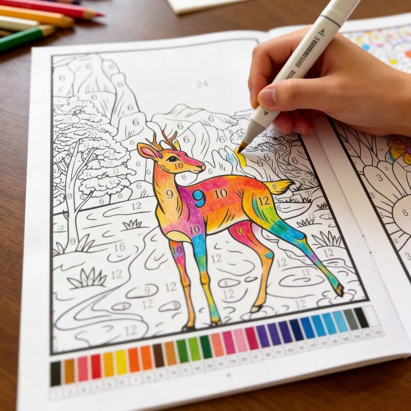 A hand is coloring a detailed deer illustration in a black and white line art coloring book.