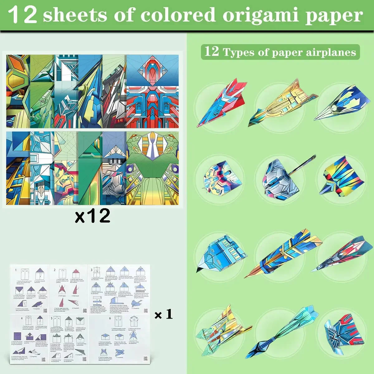 A set of 12 sheets of colored origami paper and instructions for making 12 types of paper airplanes.