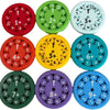 A collection of nine colorful math fidget spinners showing multiplication practice for kids.