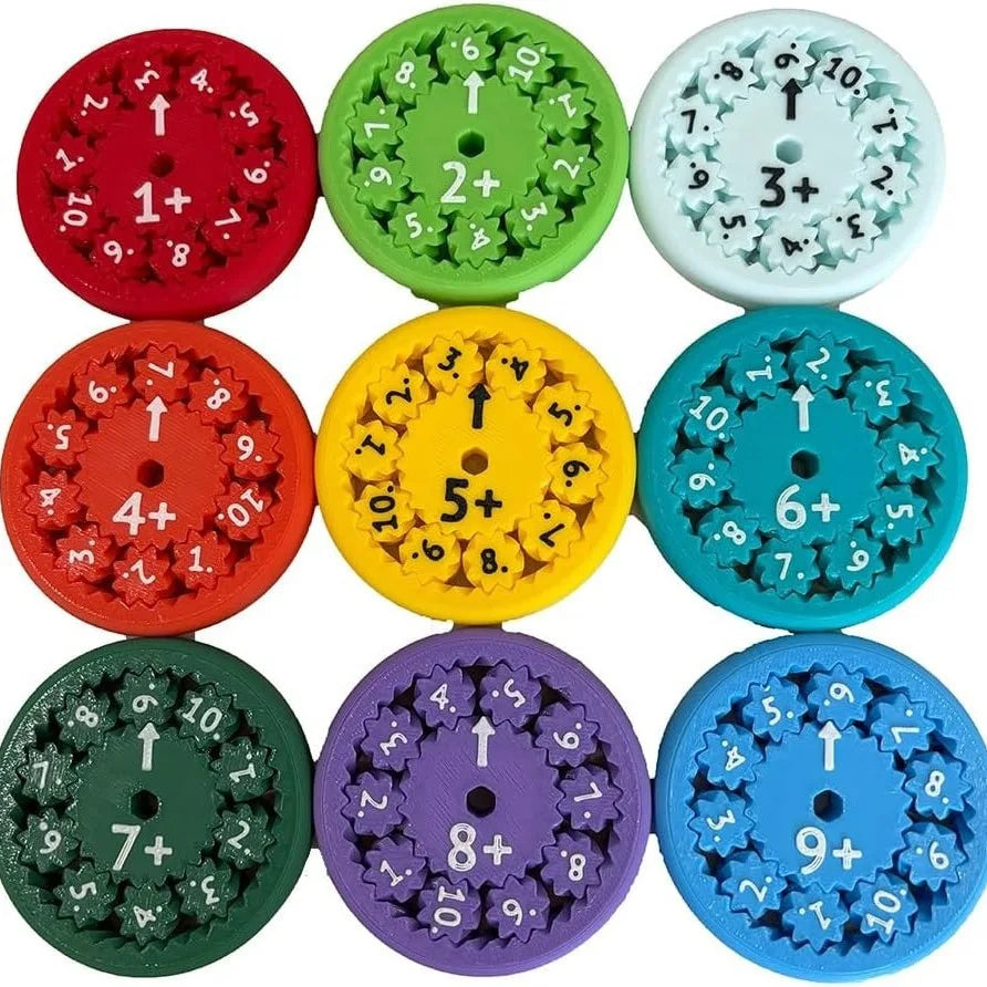 A collection of nine colorful math fidget spinners showing multiplication practice for kids.