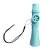 A light blue portable kazoo flute with a lanyard attached, shown vertically.