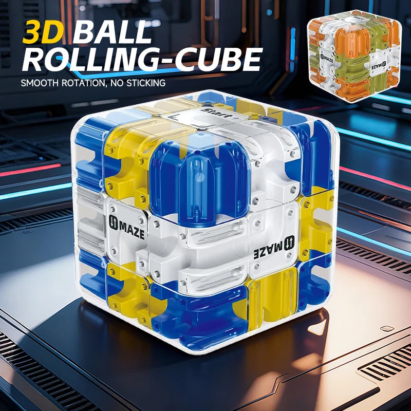 A translucent blue and yellow 3D rolling cube is shown on a dark surface, demonstrating smooth rotation.
