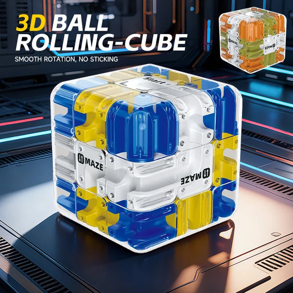 A translucent blue and yellow 3D rolling cube is shown on a dark surface, demonstrating smooth rotation.