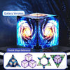 A glowing, cube-shaped puzzle featuring a swirling galaxy design and partial shape references for transformation.
