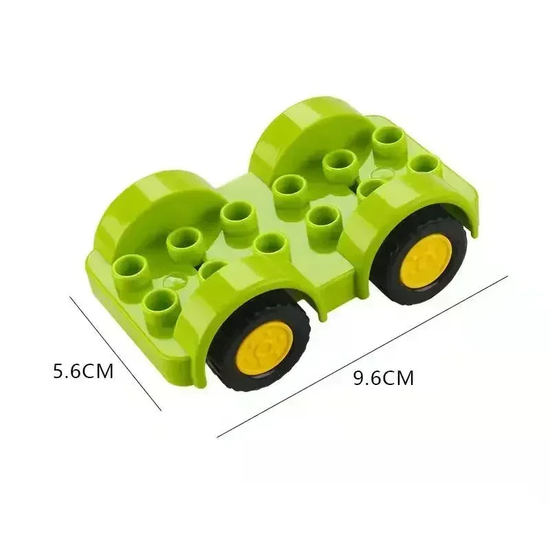 A bright lime green city traffic vehicle building block set with trucks and buses.