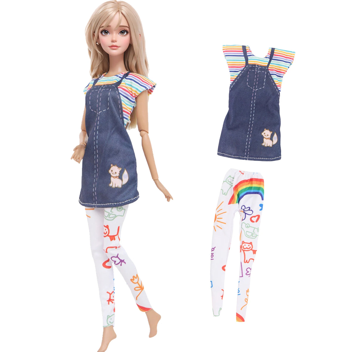 A fashion doll outfit set featuring a denim pinafore dress, striped shirt, and colorful patterned pants.