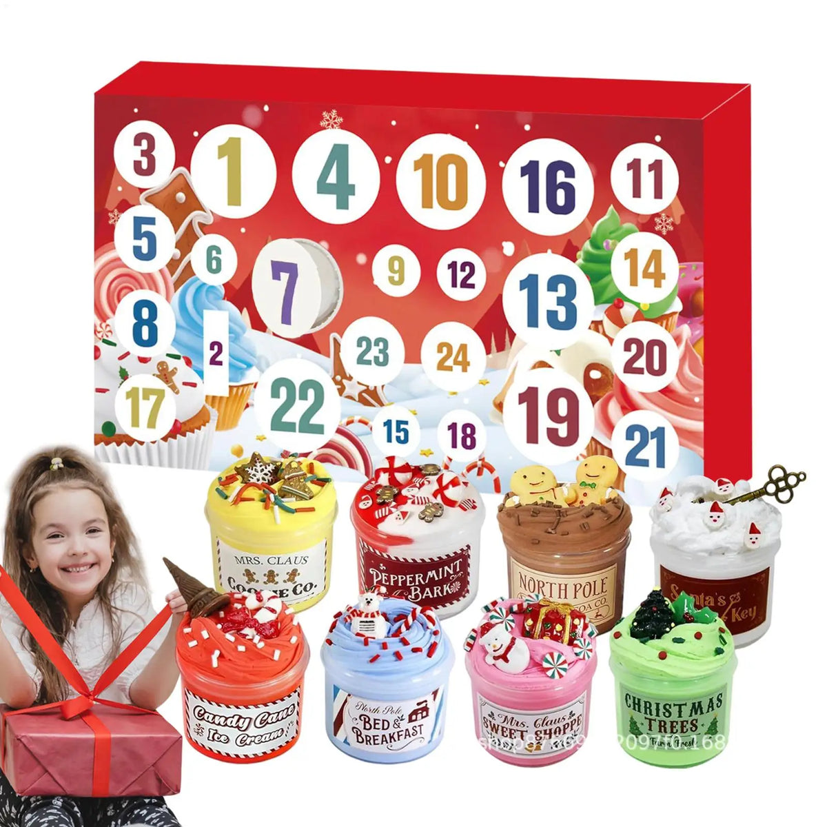 A red box containing a 24-day Christmas slime advent calendar with numbered treats and candies.