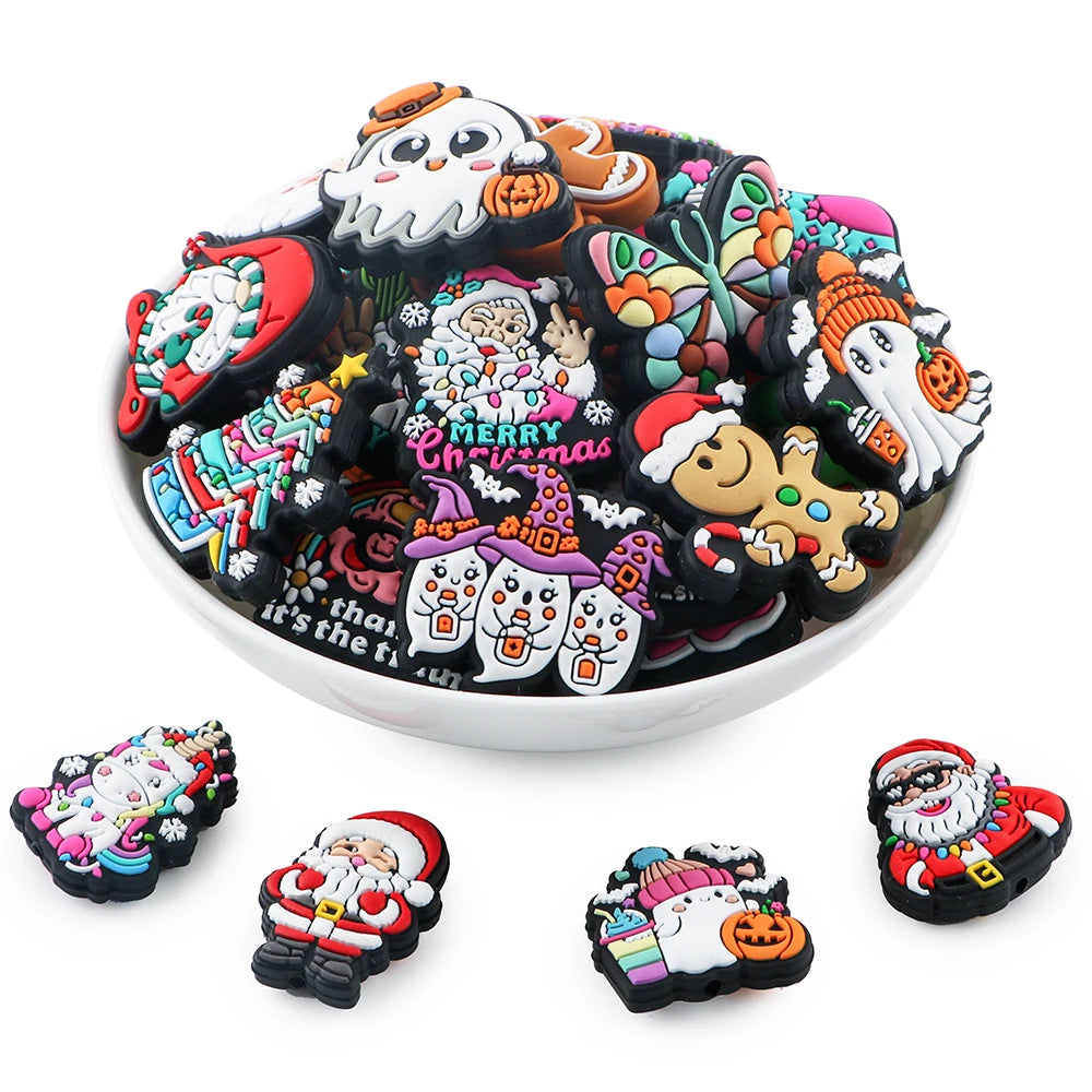 A collection of festive Christmas silicone beads and charms for jewelry making featuring Santa, ghosts, and colorful designs.