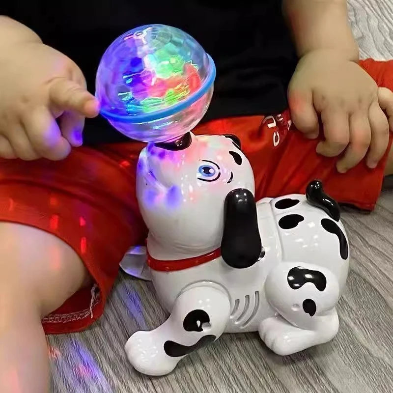A white and black ceramic dancing dog toy resembling a Dalmatian is being held by a child.