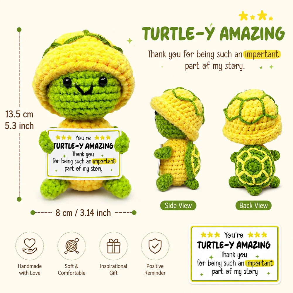 Handmade crochet turtle-y amazing doll in yellow with an inspirational gift card
