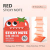 Red sticky note box with an orange strawberry design showing 80 sheets of sticky note inside