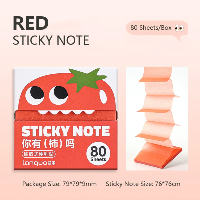 Red sticky note box with an orange strawberry design showing 80 sheets of sticky note inside