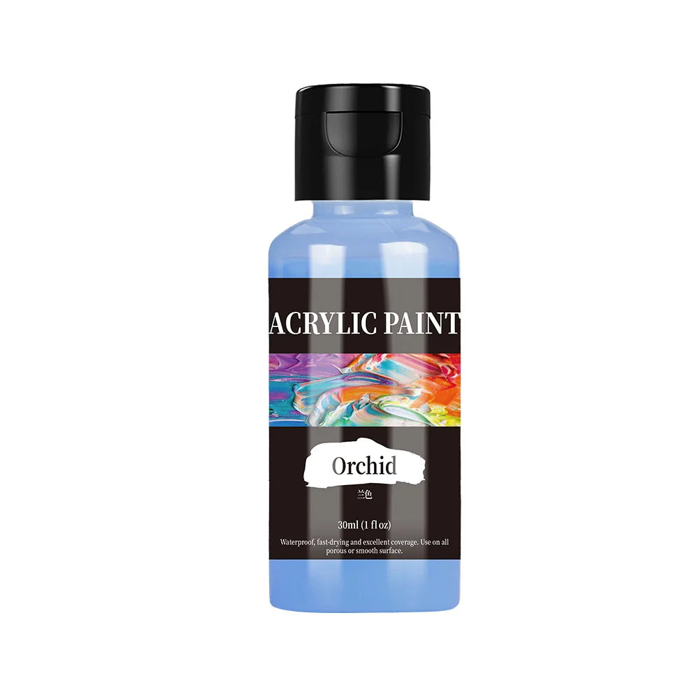 A dark bottle of Orchid acrylic paint with a black cap and a label showing colorful paint swatches.
