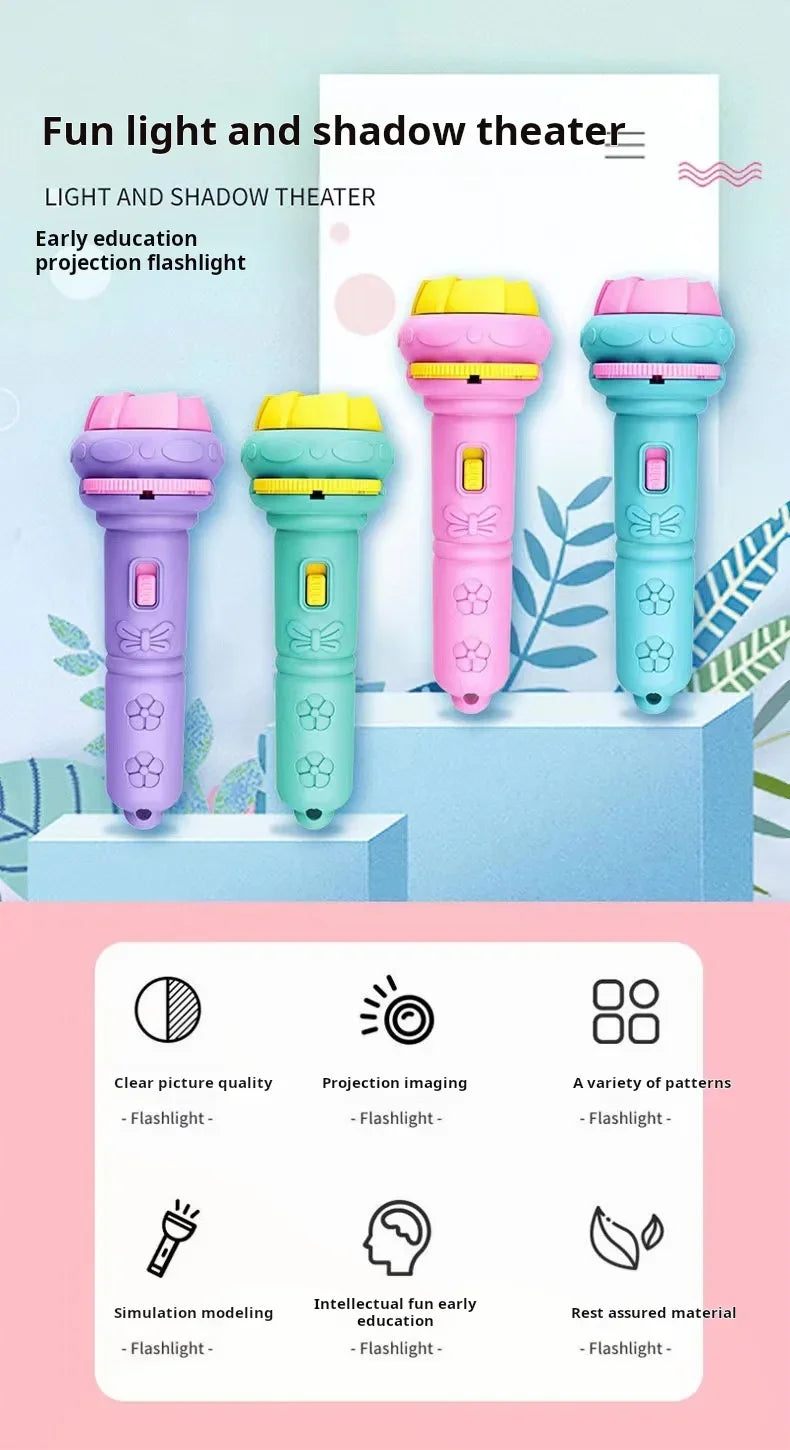 A set of five colorful projection flashlights with various animal patterns for early education and bedtime learning