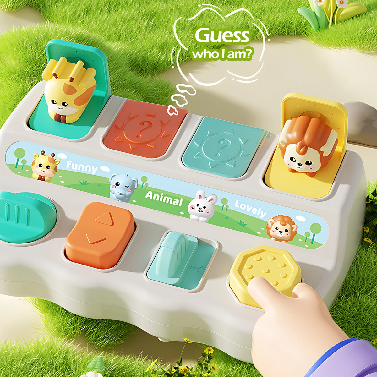 A white Montessori pop-up animal toy set featuring various animals in colorful plastic compartments on a green surface.