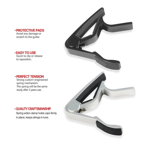 A black precision guitar capo with protective pads and a strong spring mechanism.