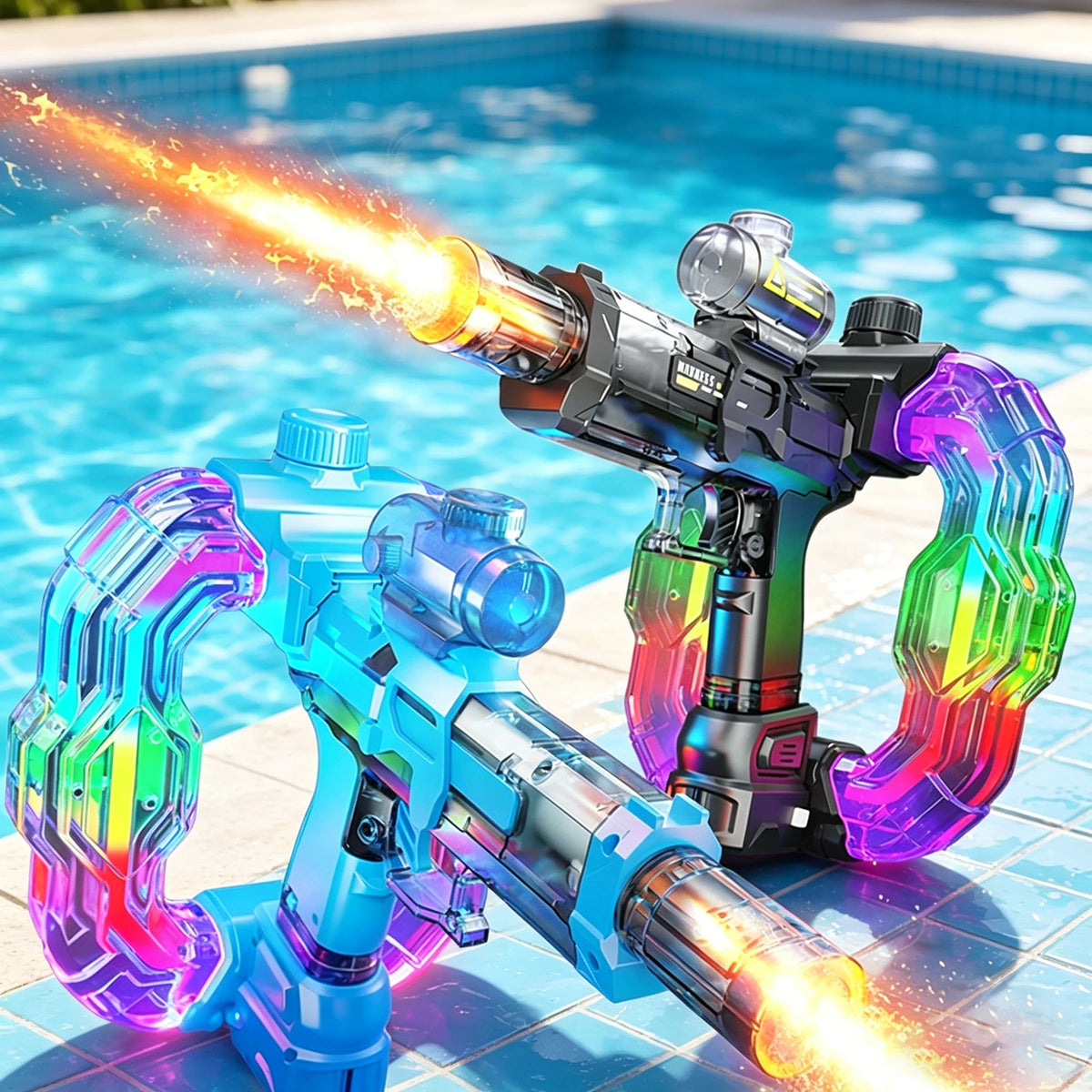 A futuristic electric water gun with glowing purple and blue accents firing a stream of light from a poolside setting.