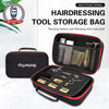 A black tool storage bag for hairdressing tools is shown with an open lid displaying various grooming implements.
