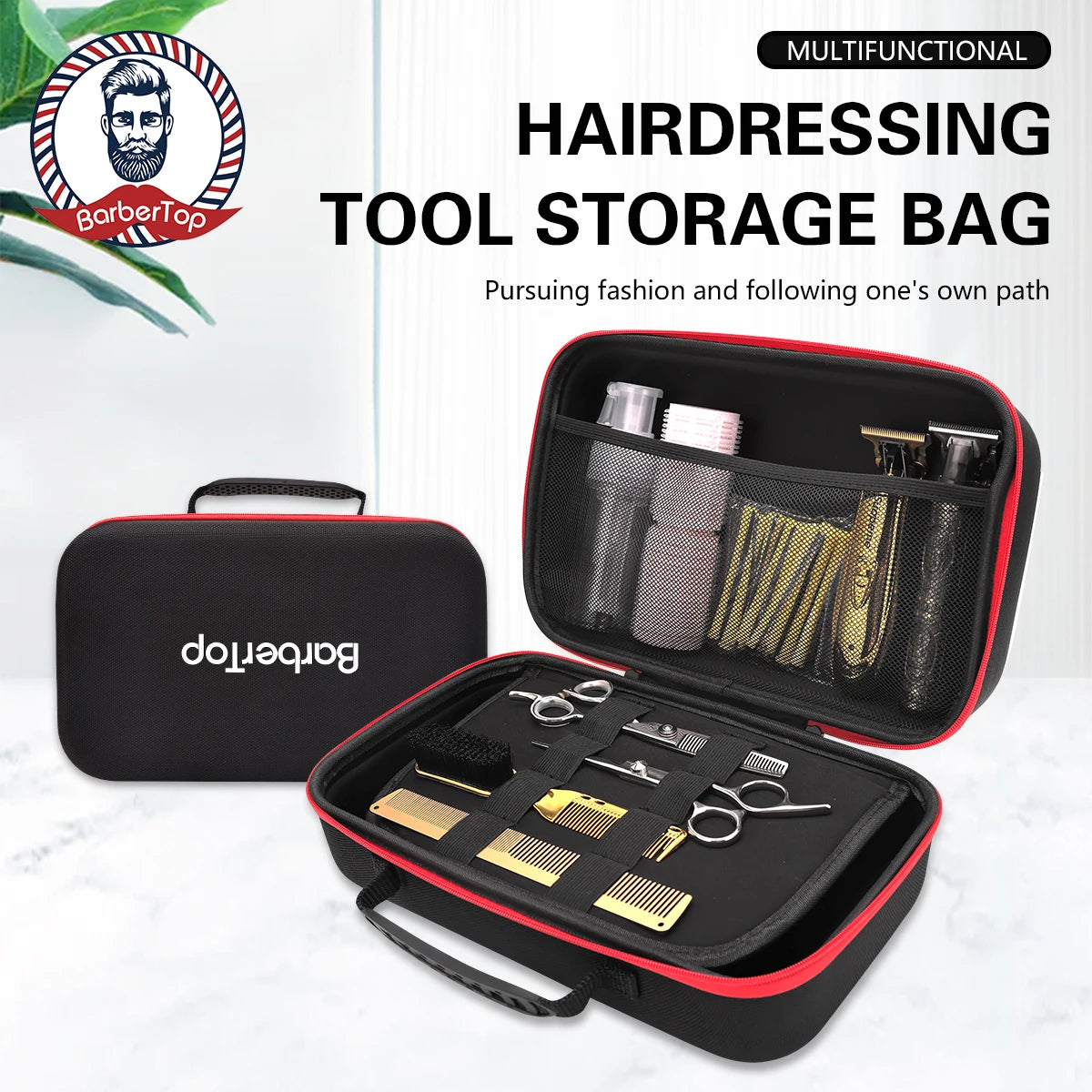 A black tool storage bag for hairdressing tools is shown with an open lid displaying various grooming implements.