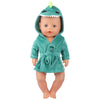 A cute cartoon animal bathrobe and nightgown set for a doll, featuring a green hooded garment.