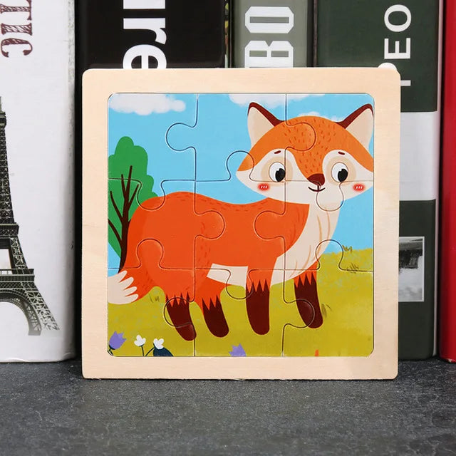 A wooden jigsaw puzzle depicting an orange fox in a natural outdoor setting.