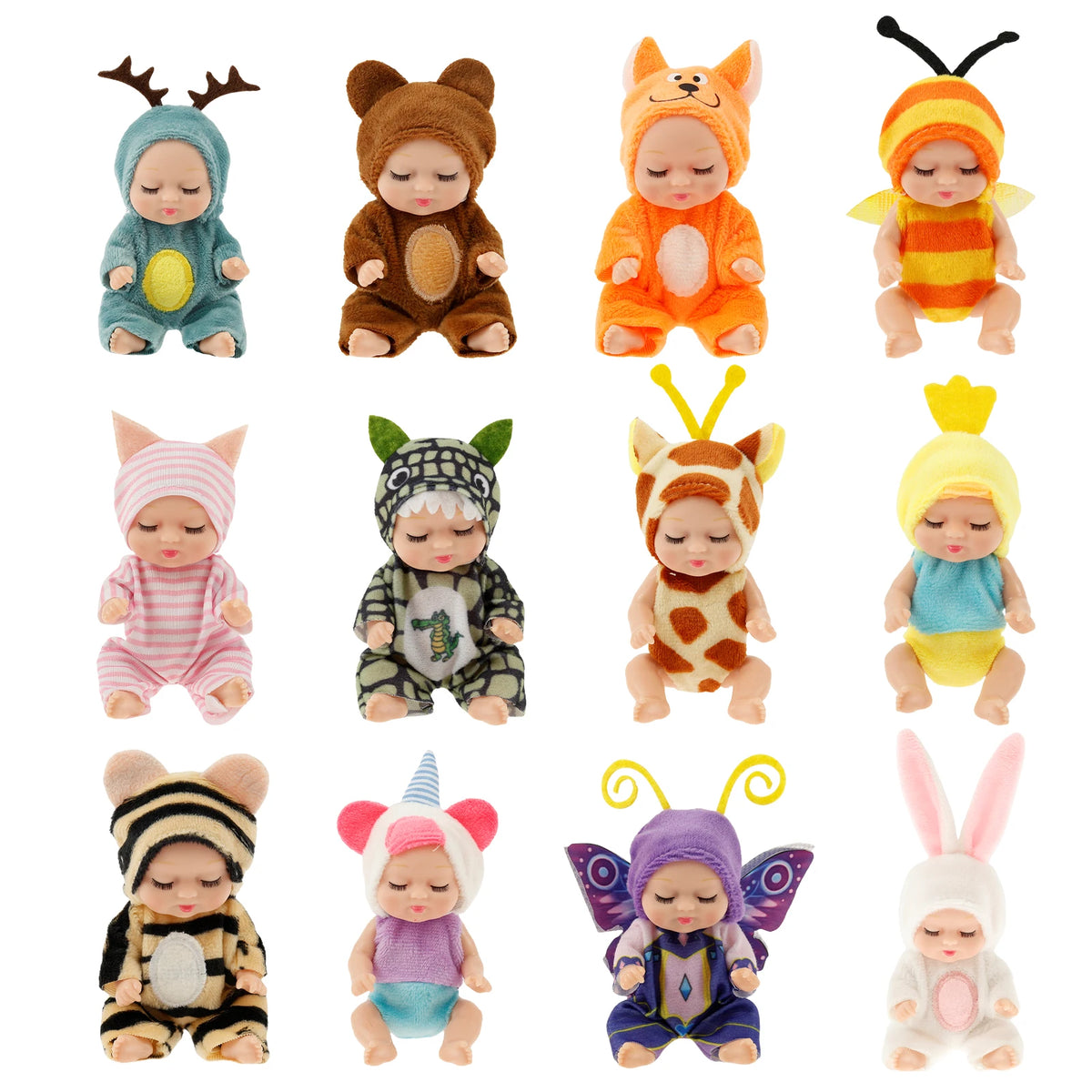 A set of six cute sleeping reborn baby dolls with various facial features and outfits.