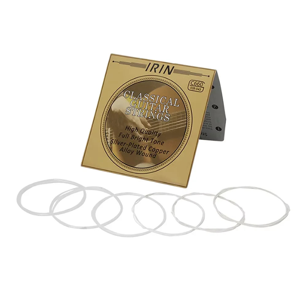 A package of IRIN classical guitar strings featuring clear nylon and silver-plated copper wound strings.