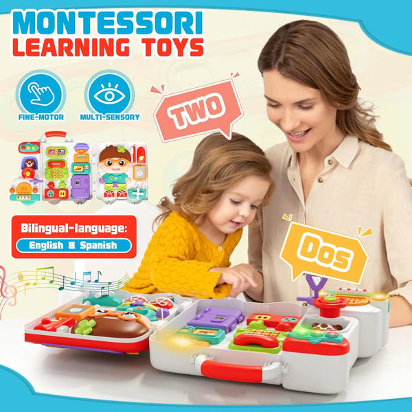 A woman is interacting with a toddler using an all-in-one educational busy board for Montessori learning.