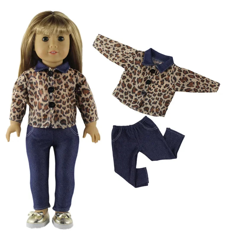 A doll wearing a casual outfit set consisting of a leopard print shirt, dark blue pants, and matching leggings.