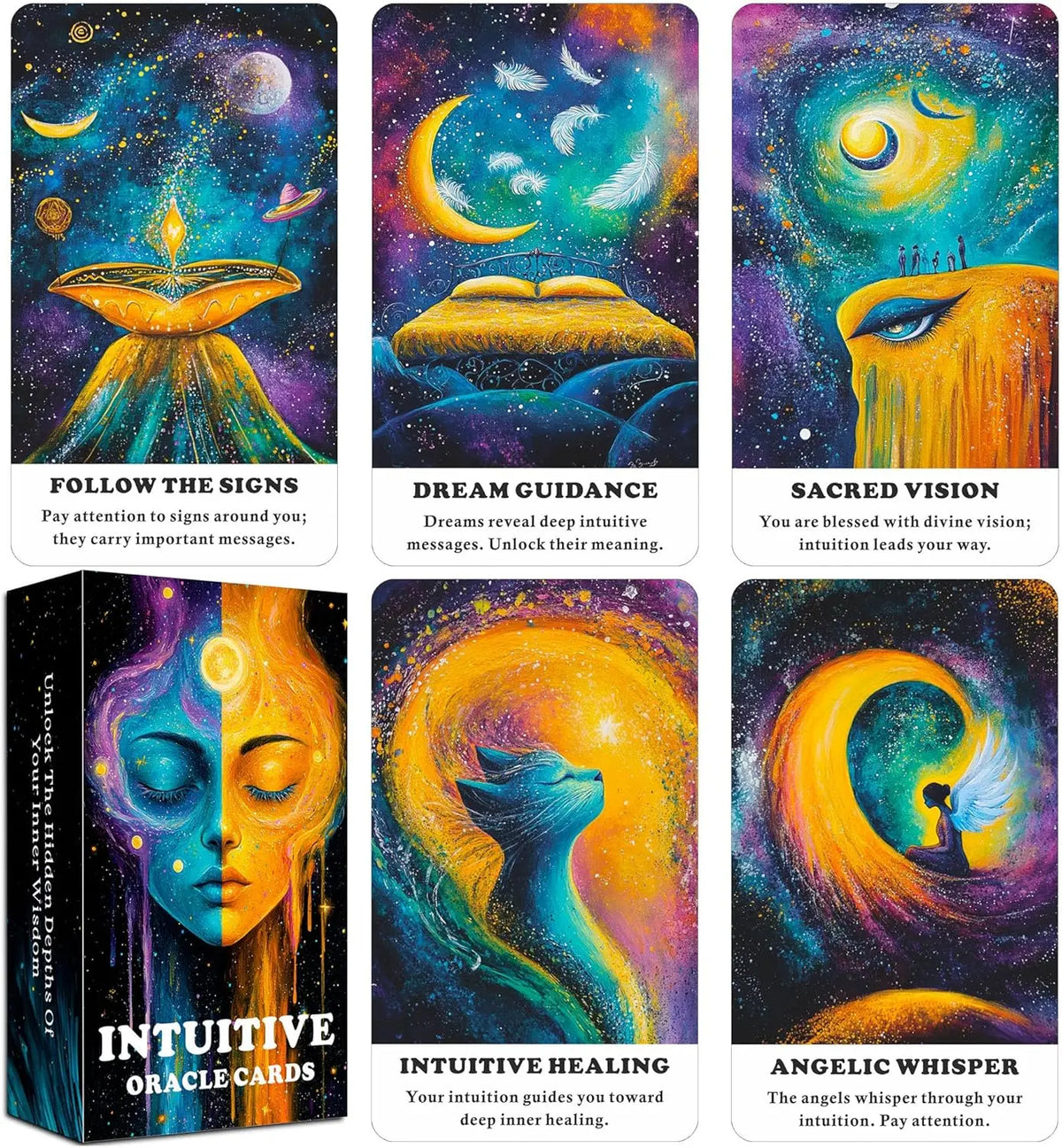 A set of intuitive oracle cards featuring celestial and spiritual imagery for divination and reflection.