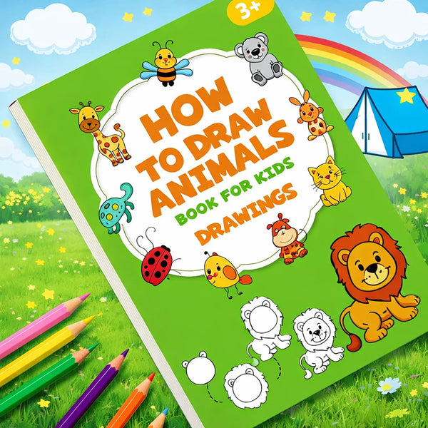 Ein grünes Buch mit dem Titel 'How to Draw Animals for Kids', das bunte Tierillustrationen und Kunstzubehör zeigt.