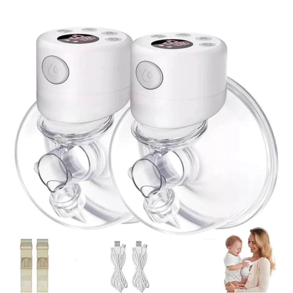A white hands-free electric breast pump with silicone flanges and accessories shown on a clear stand.