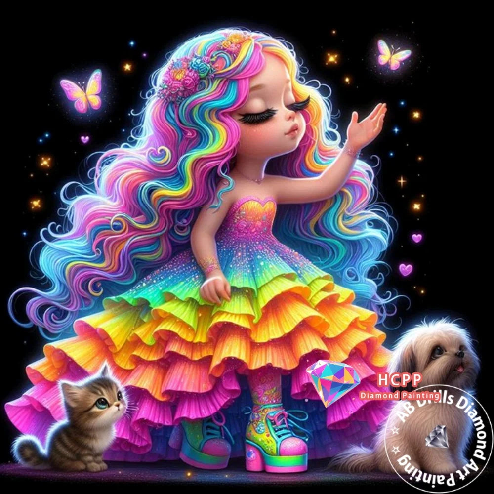 A colorful cartoon girl with long pink and blue hair wearing a tiered dress surrounded by sparkling gems.