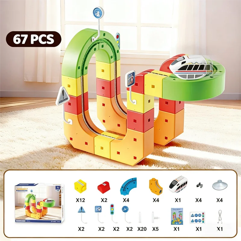 A set of magnetic building blocks and a 3D track shaped like the number 8, with various colored pieces and accessories.