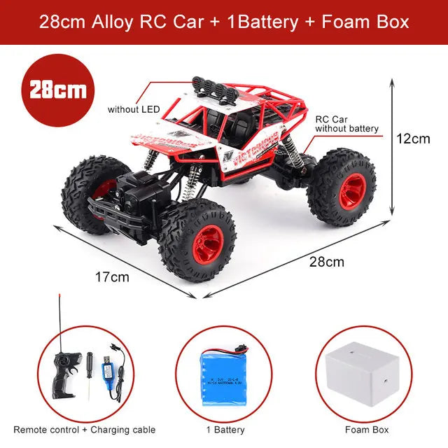 A 28cm alloy RC car with a battery and foam box shown from above and a side view.