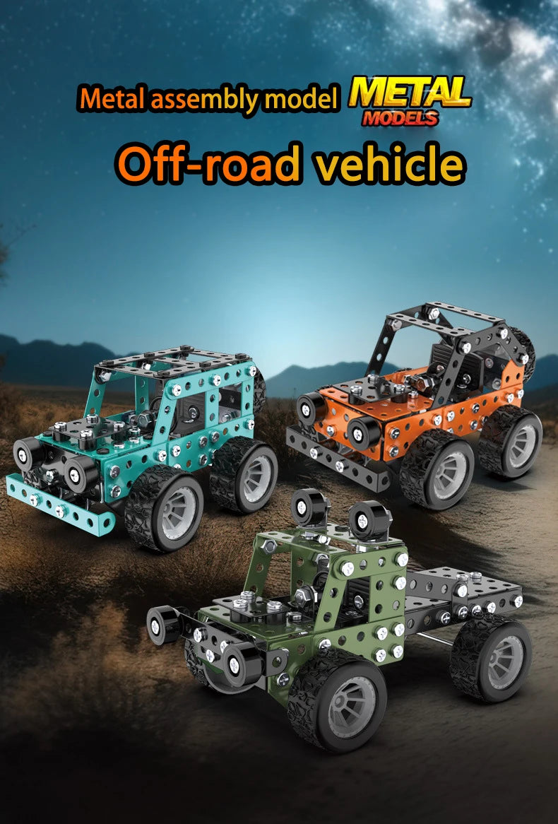 Three metal off-road vehicle models built from building blocks displayed on a dirt surface.