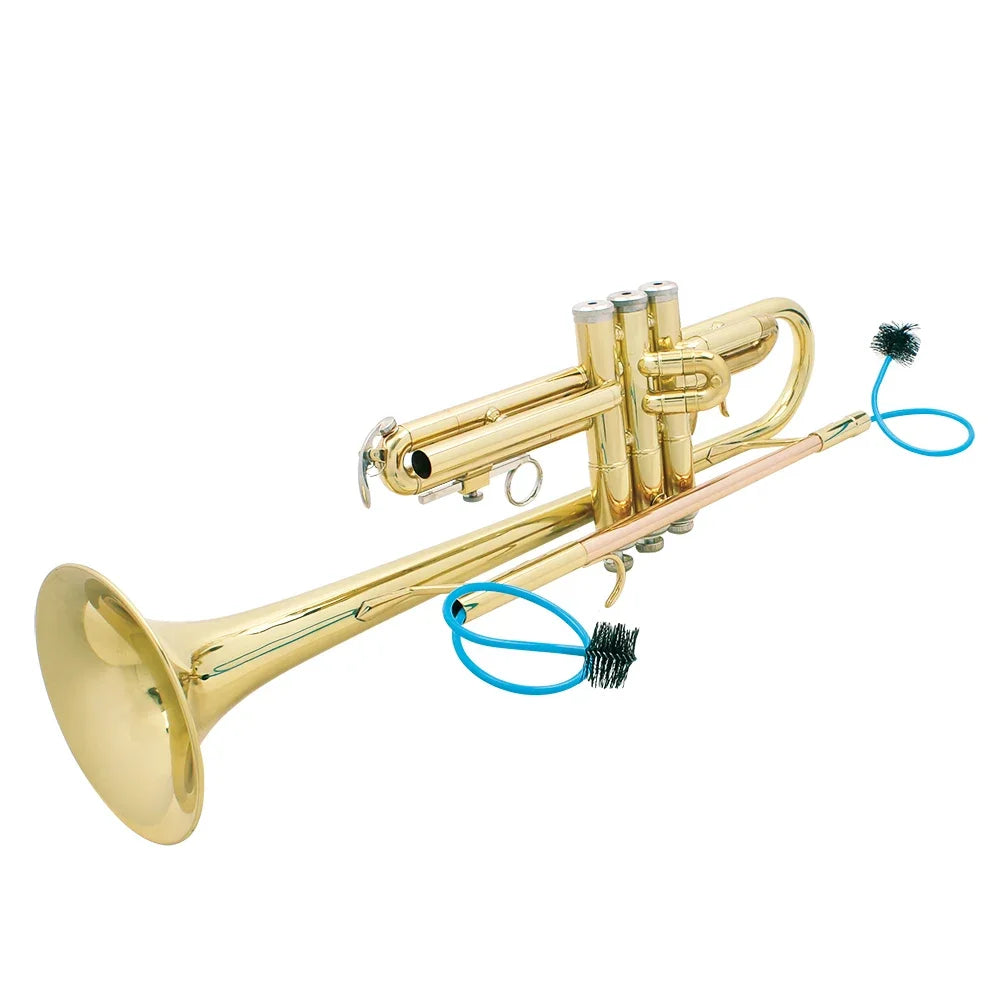 A brass trumpet and cornet instrument with cleaning tools including a piston and mouthpiece brush.