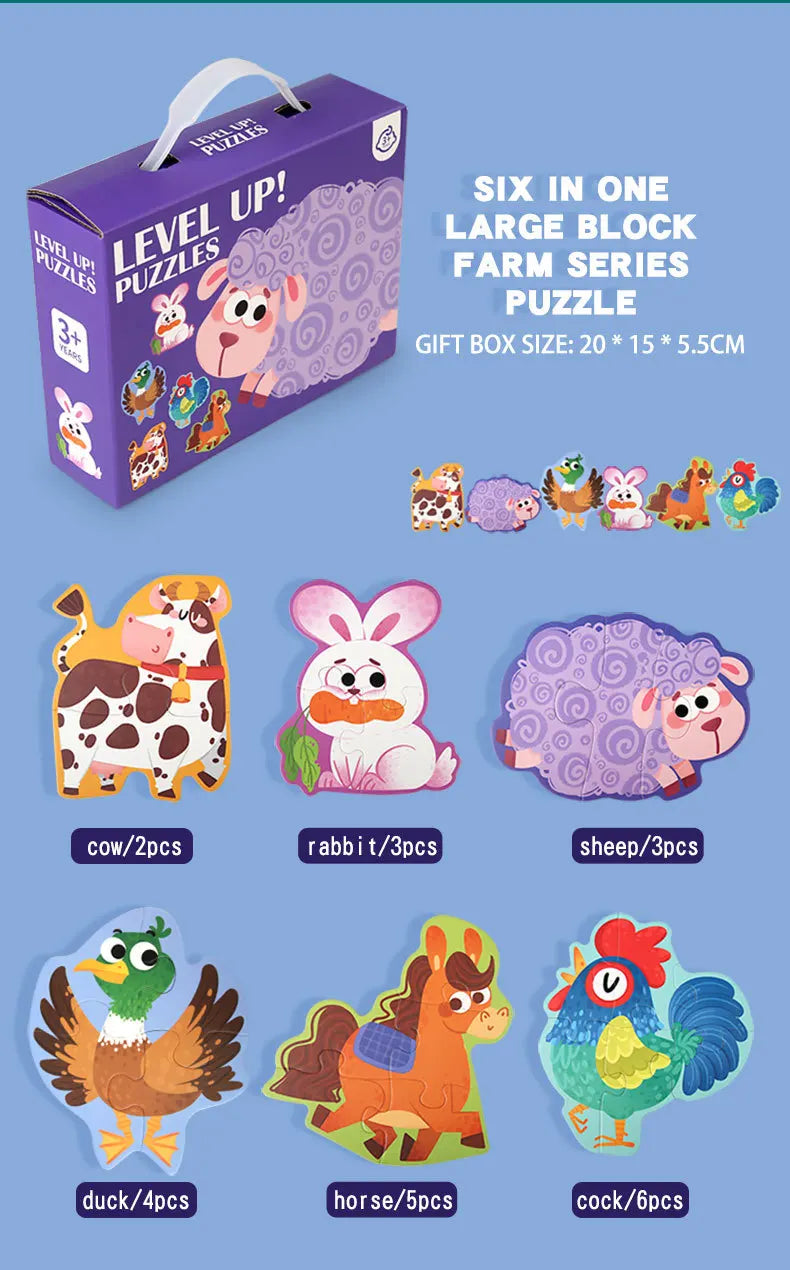 A box of six in one large block farm series puzzle featuring various cartoon animals like cows, rabbits, sheep, ducks, horses