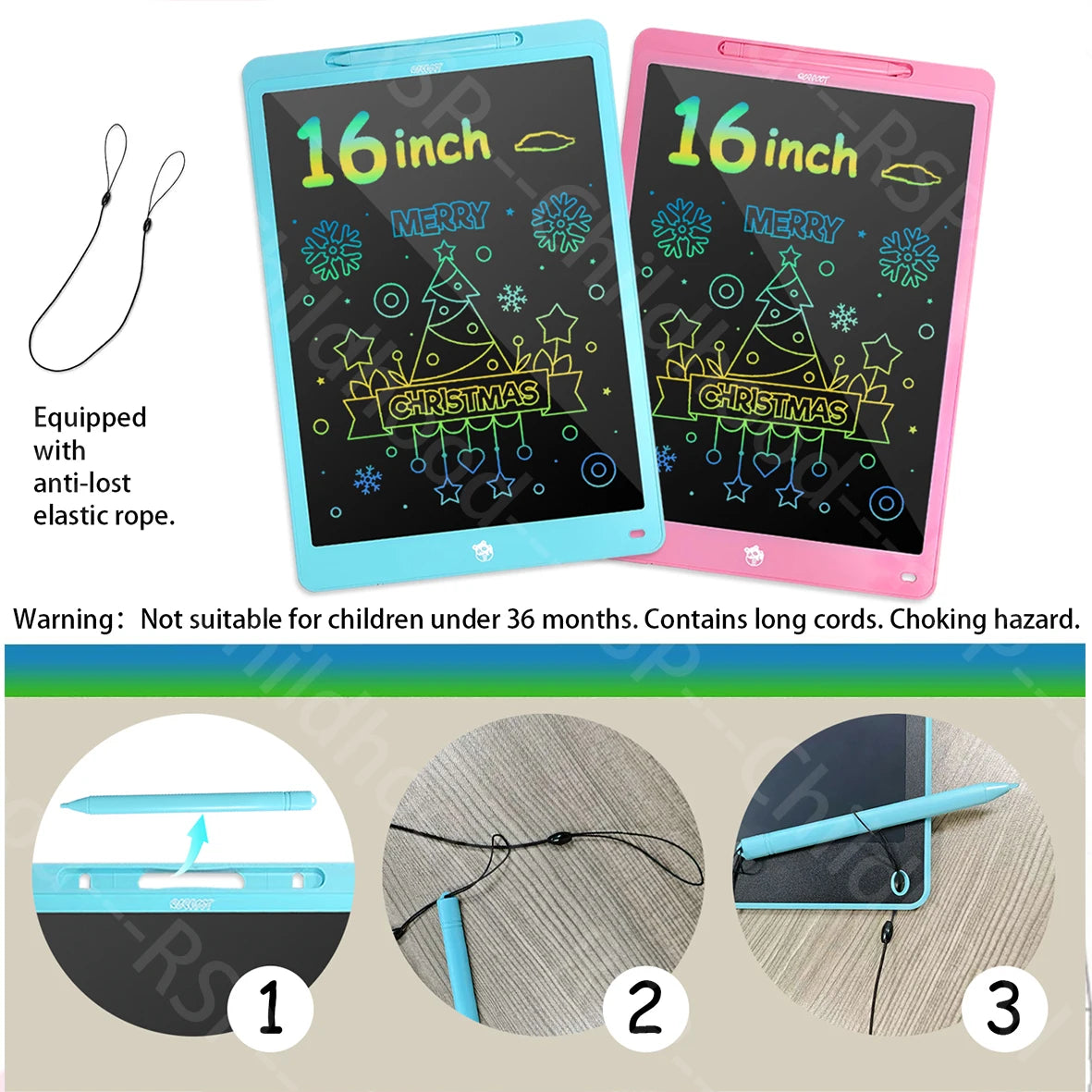 A 16-inch multi-color LCD writing tablet shown with accessories and usage steps.